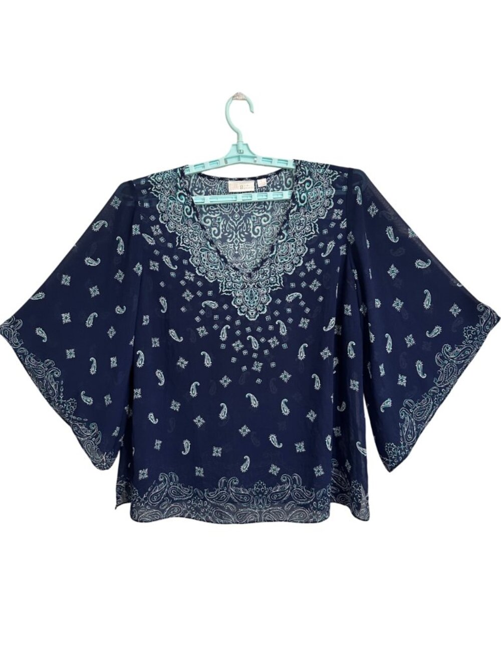 Belle Kim Gravel Navy & Teal Paisley Print V-Neck Sheer Blouse Top Womens L Boho - Picture 2 of 8